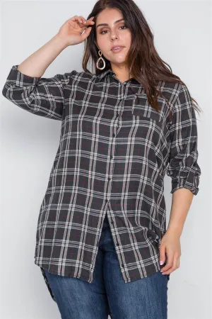 Plus Size Green Taupe Plaid Long Sleeve Top