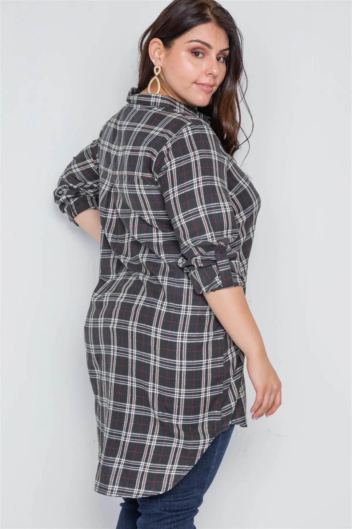 Plus Size Green Taupe Plaid Long Sleeve Top