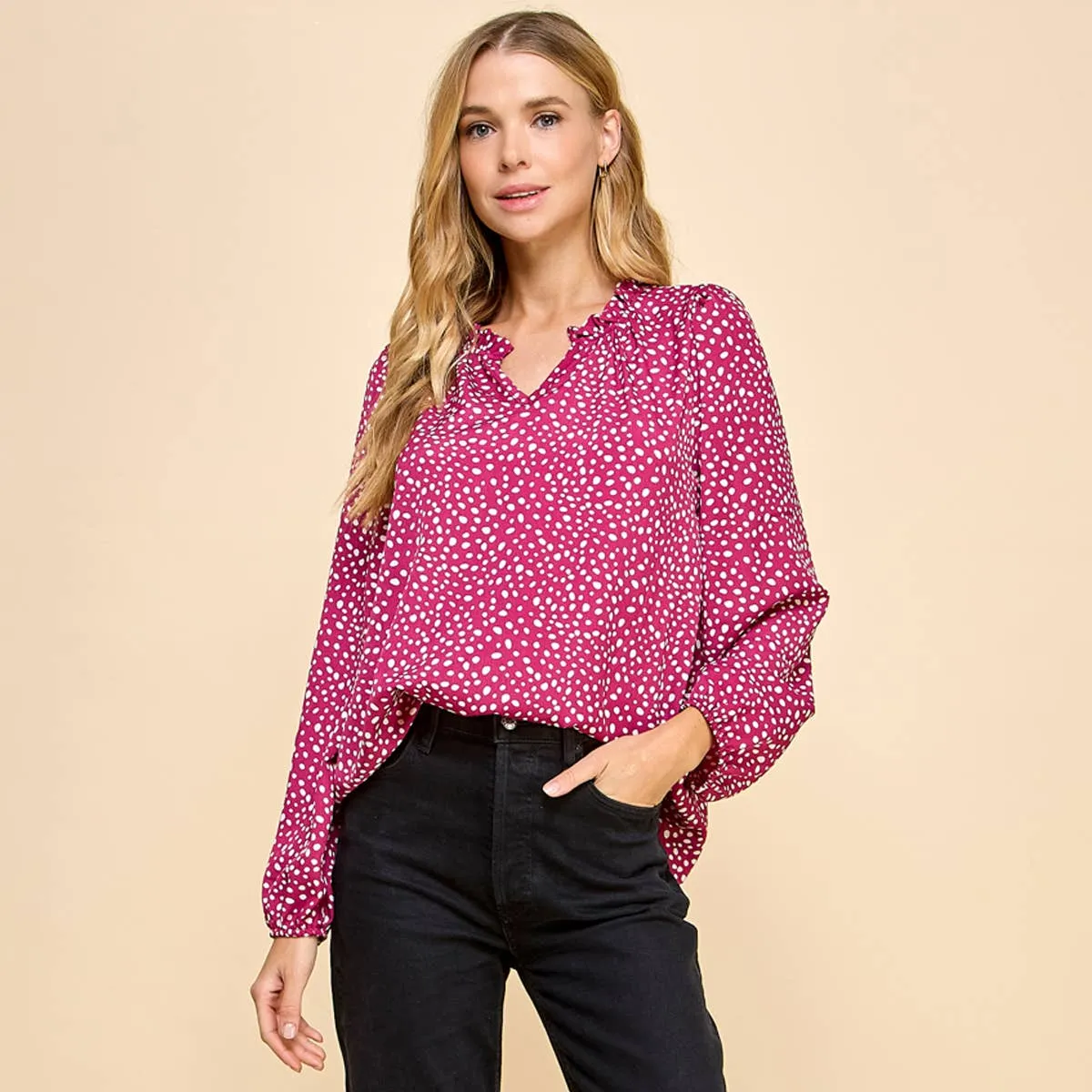 Polka Dot Printed Top with Ruffled V Neck