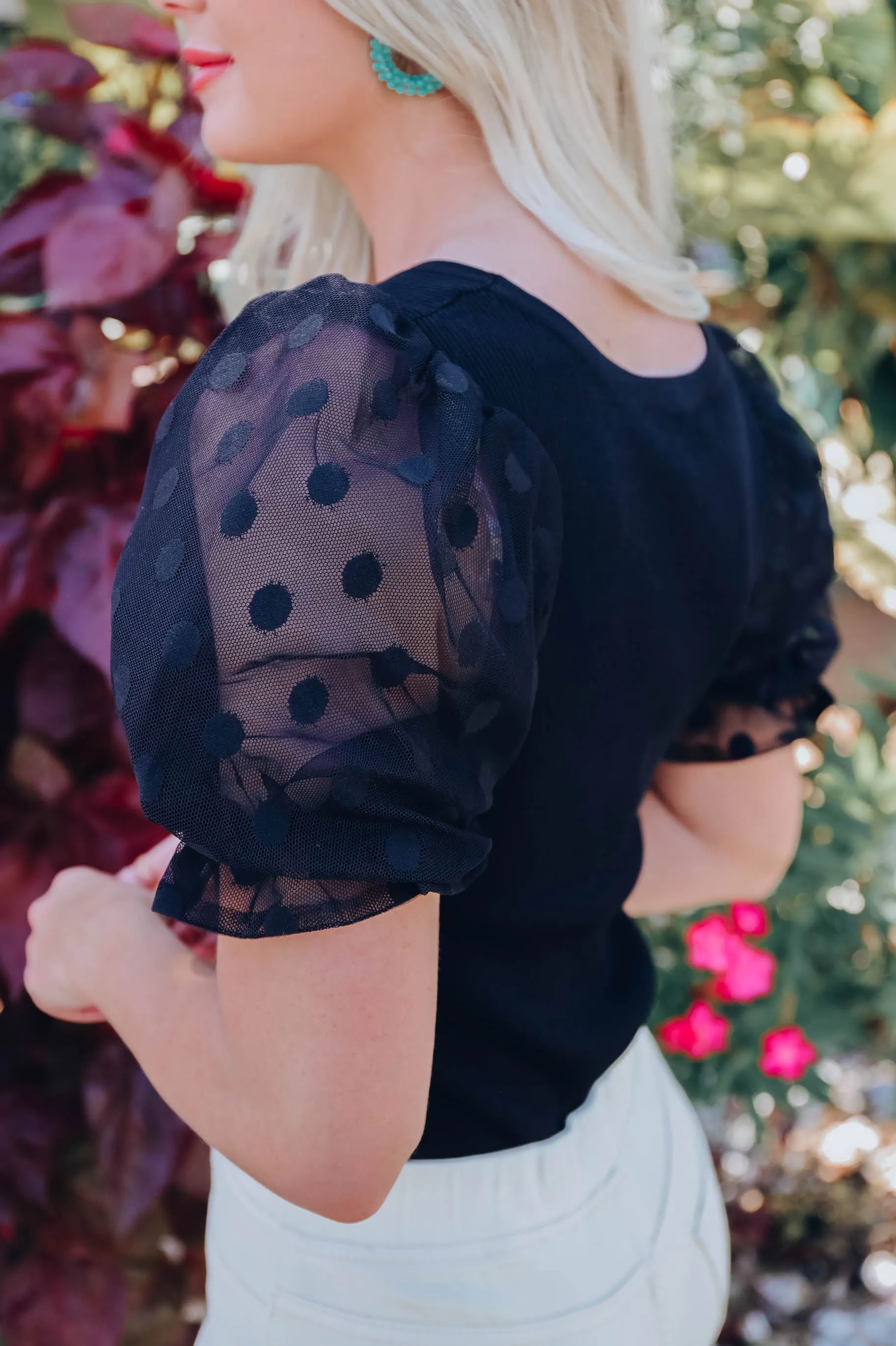 Polka Dot Puff Sleeve Top - Black