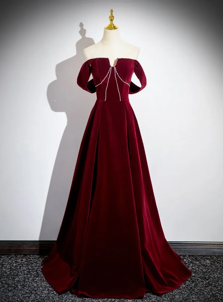 Simple Burgundy Velvet Off the Shoulder Beading Prom Dress