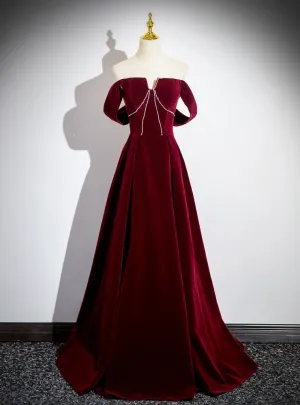 Simple Burgundy Velvet Off the Shoulder Beading Prom Dress