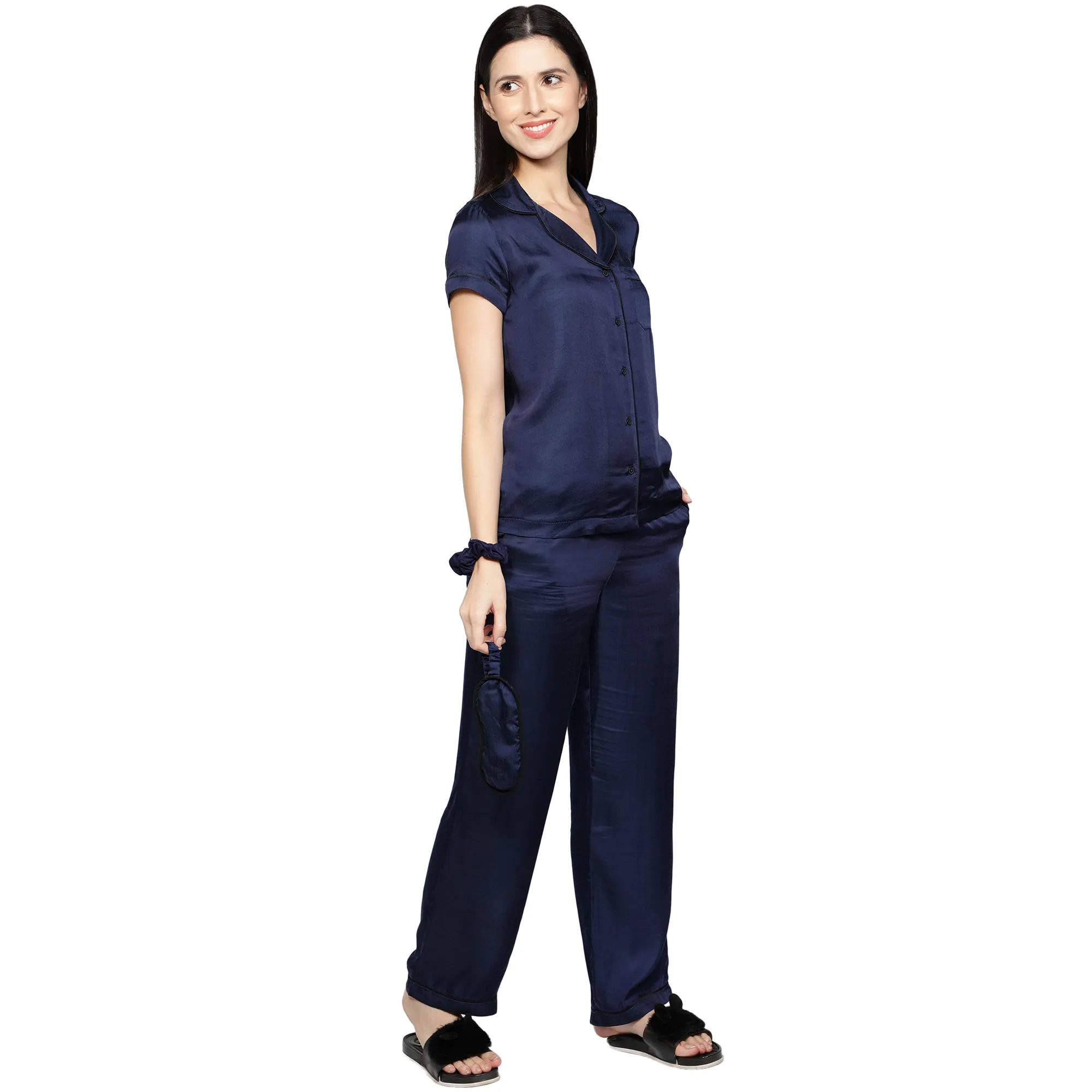 SLAY. Women's Nightwear Night Blue color Half Sleeve Button Up Shirt & Pajama Co-ord Set