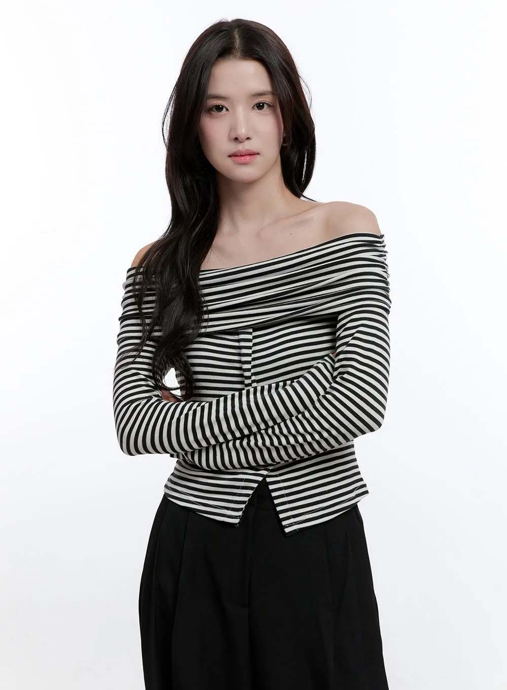 Slim Fit Off-Shoulder Striped Blouse ON418