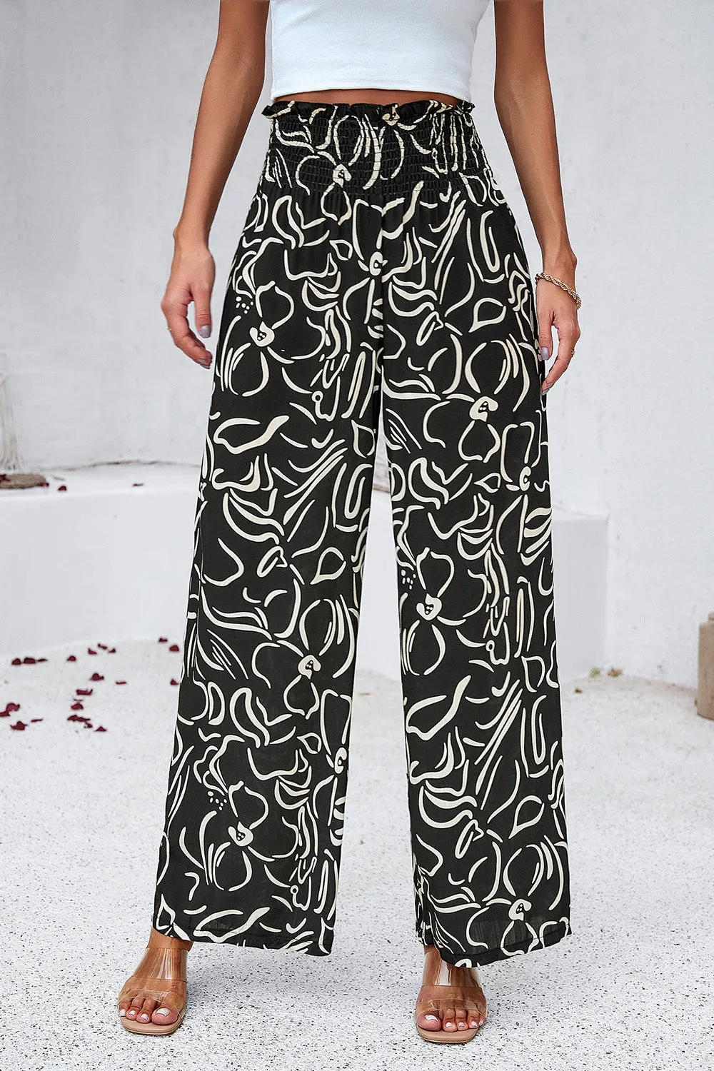 Smocked Printed Wide Leg Pants with Pockets