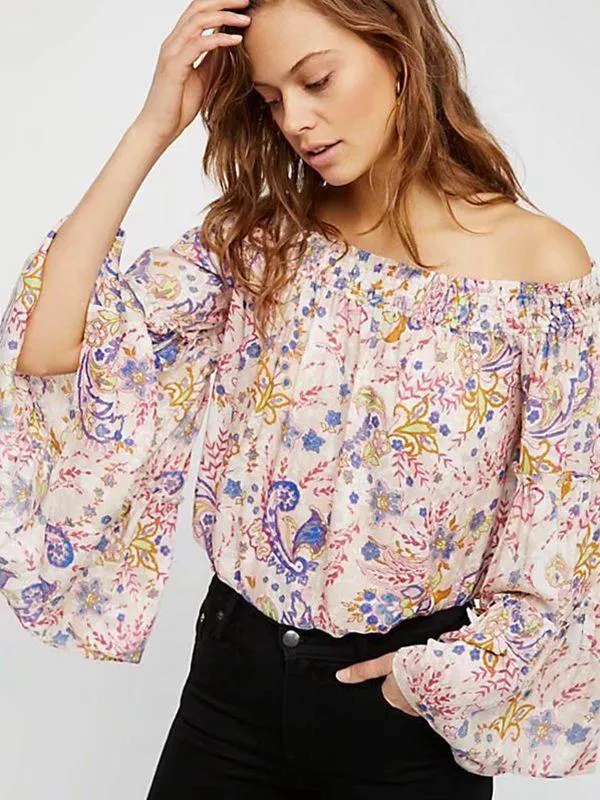 Spring Off-The-Shoulder Trumpet Sleeves Printed Tops