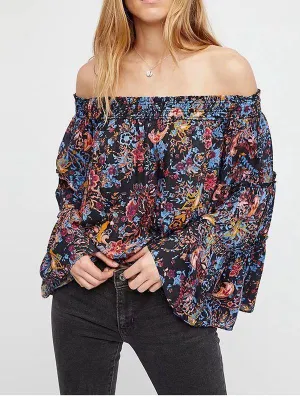 Spring Off-The-Shoulder Trumpet Sleeves Printed Tops