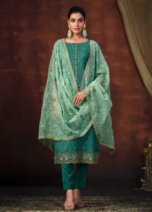 Teal Blue Shimmer Organza Embroidered Wedding Salwar Suit