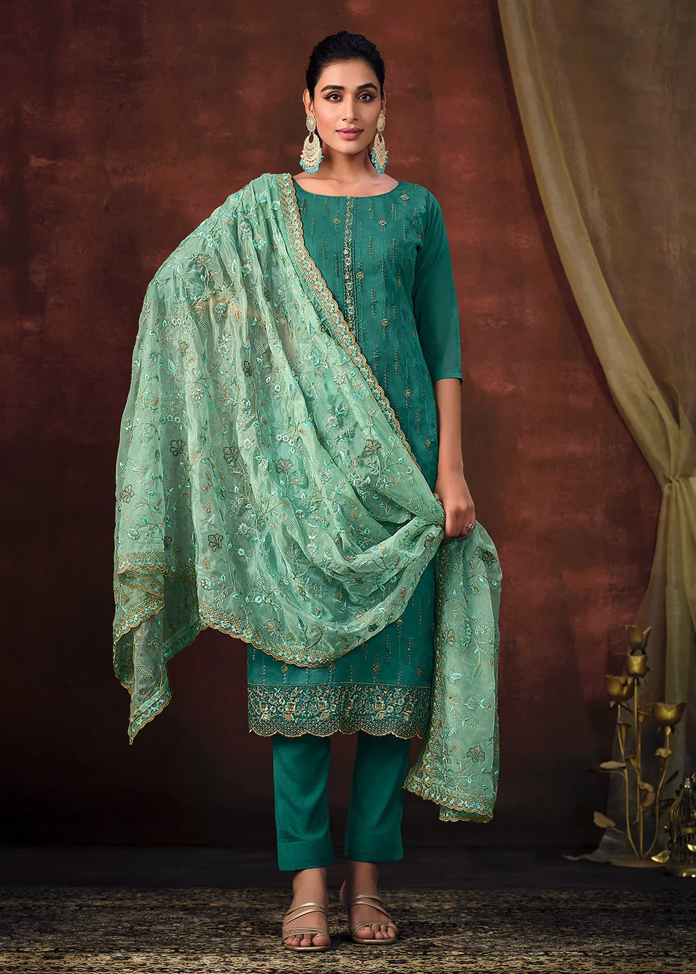 Teal Blue Shimmer Organza Embroidered Wedding Salwar Suit