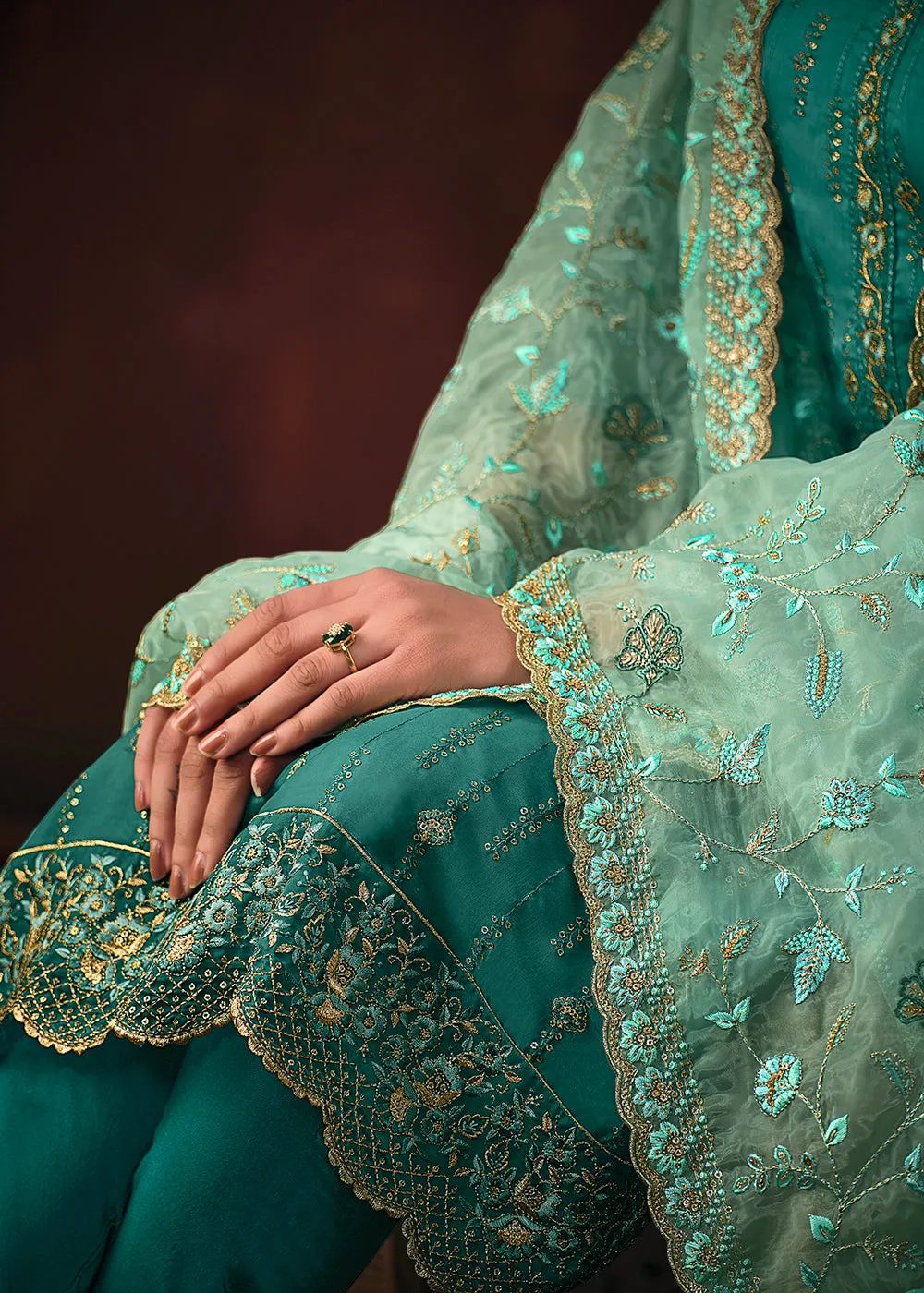 Teal Blue Shimmer Organza Embroidered Wedding Salwar Suit