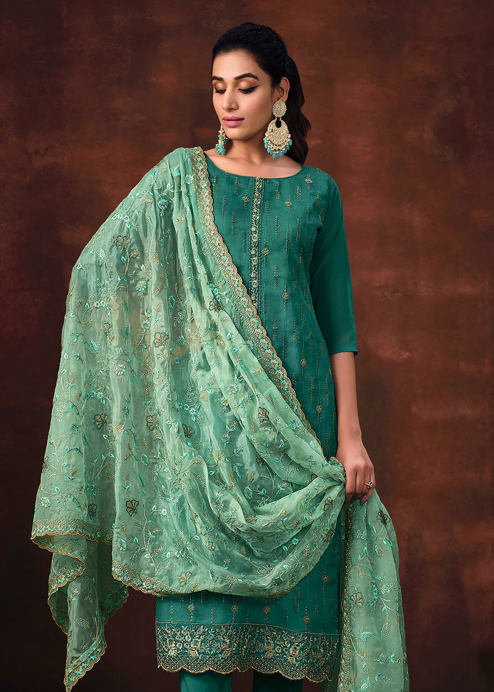 Teal Blue Shimmer Organza Embroidered Wedding Salwar Suit