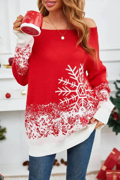 TEEK - Red Off-Shoulder Long Sleeve Snow Sweater