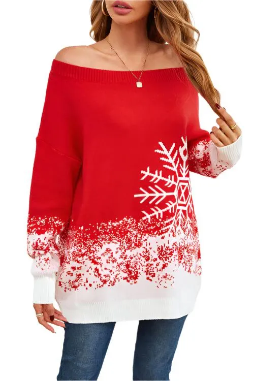 TEEK - Red Off-Shoulder Long Sleeve Snow Sweater