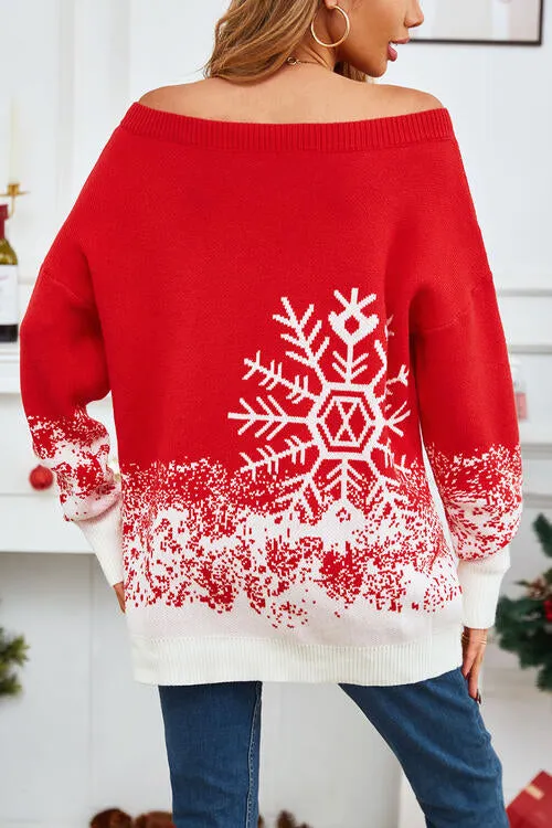 TEEK - Red Off-Shoulder Long Sleeve Snow Sweater