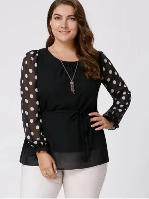 Trendy Polka Dot Plus Size Long Sleeve Chiffon Top