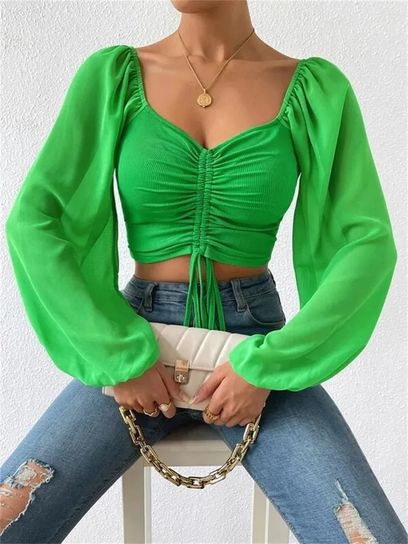 Trendy Puff Sleeve Lace up V-neck Blouse