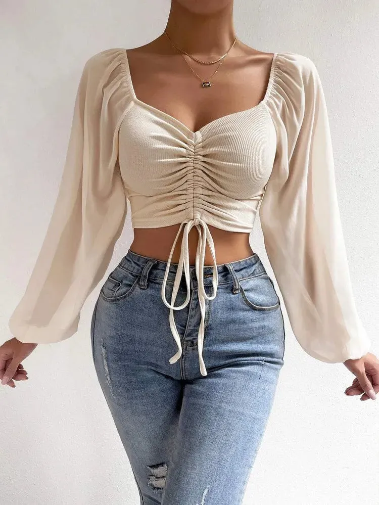 Trendy Puff Sleeve Lace up V-neck Blouse