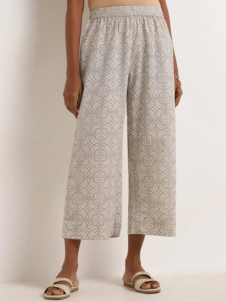 Utsa Grey Printed Blended Linen Wide-Leg Pants