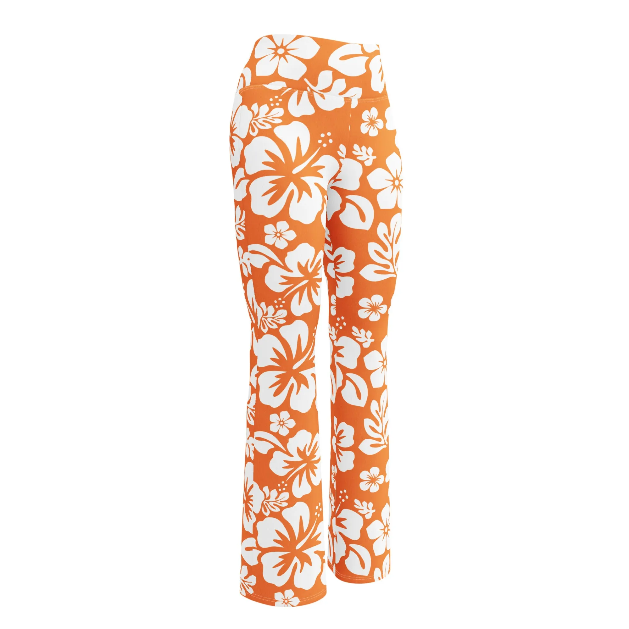 White and Orange Hawaiian Flowers Flare Leggings