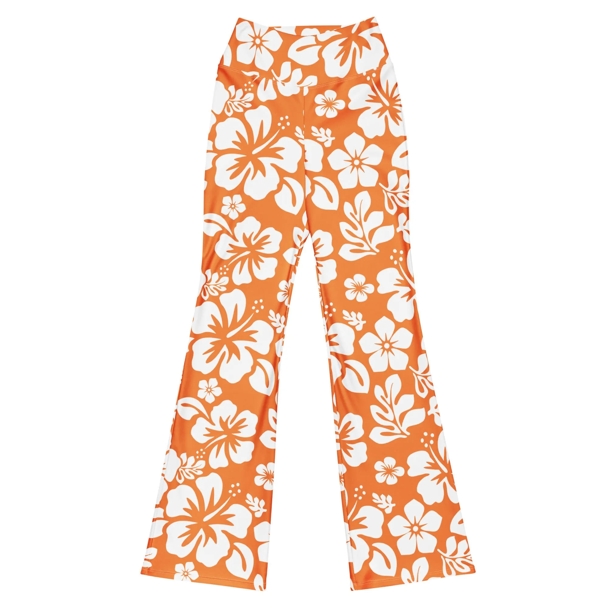 White and Orange Hawaiian Flowers Flare Leggings