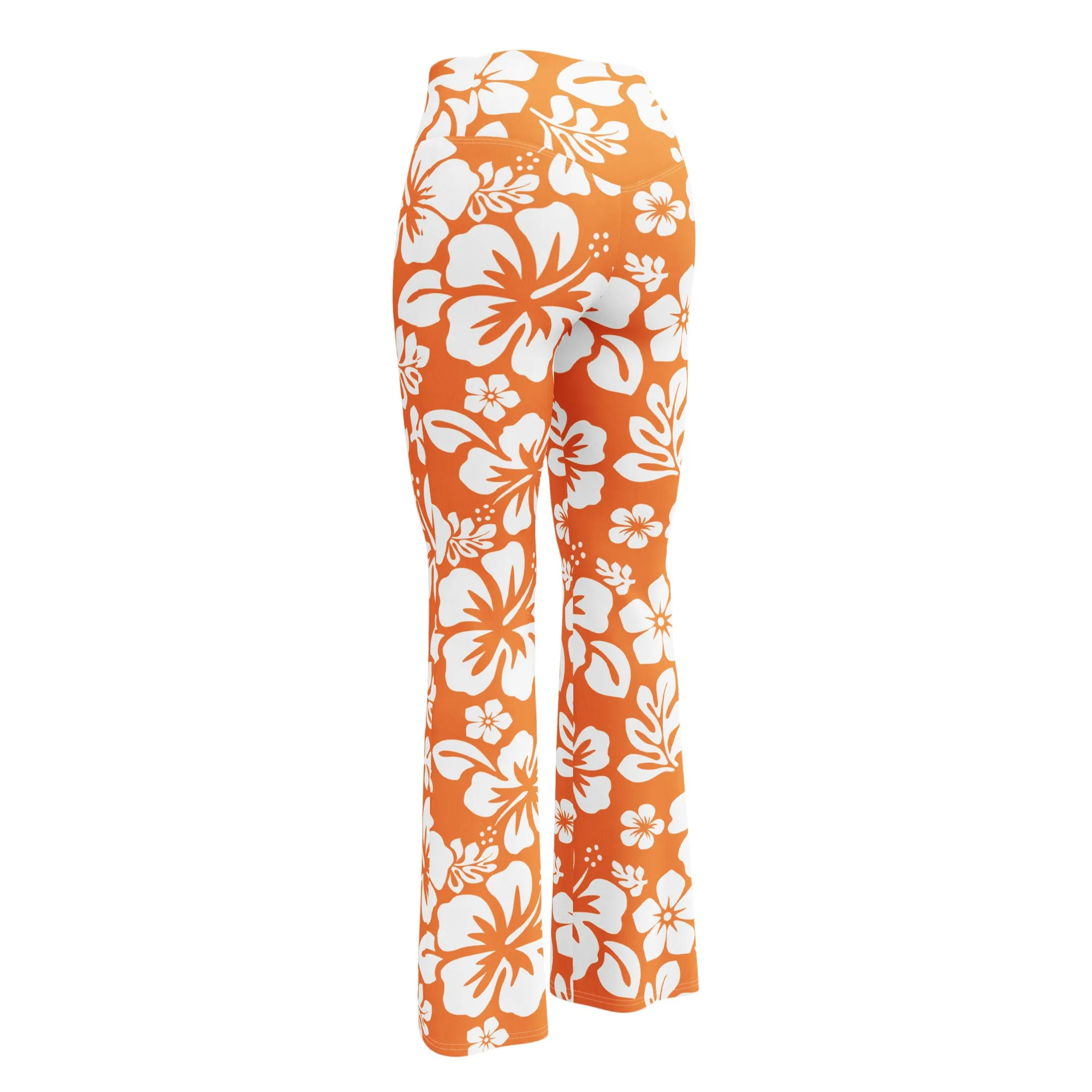 White and Orange Hawaiian Flowers Flare Leggings