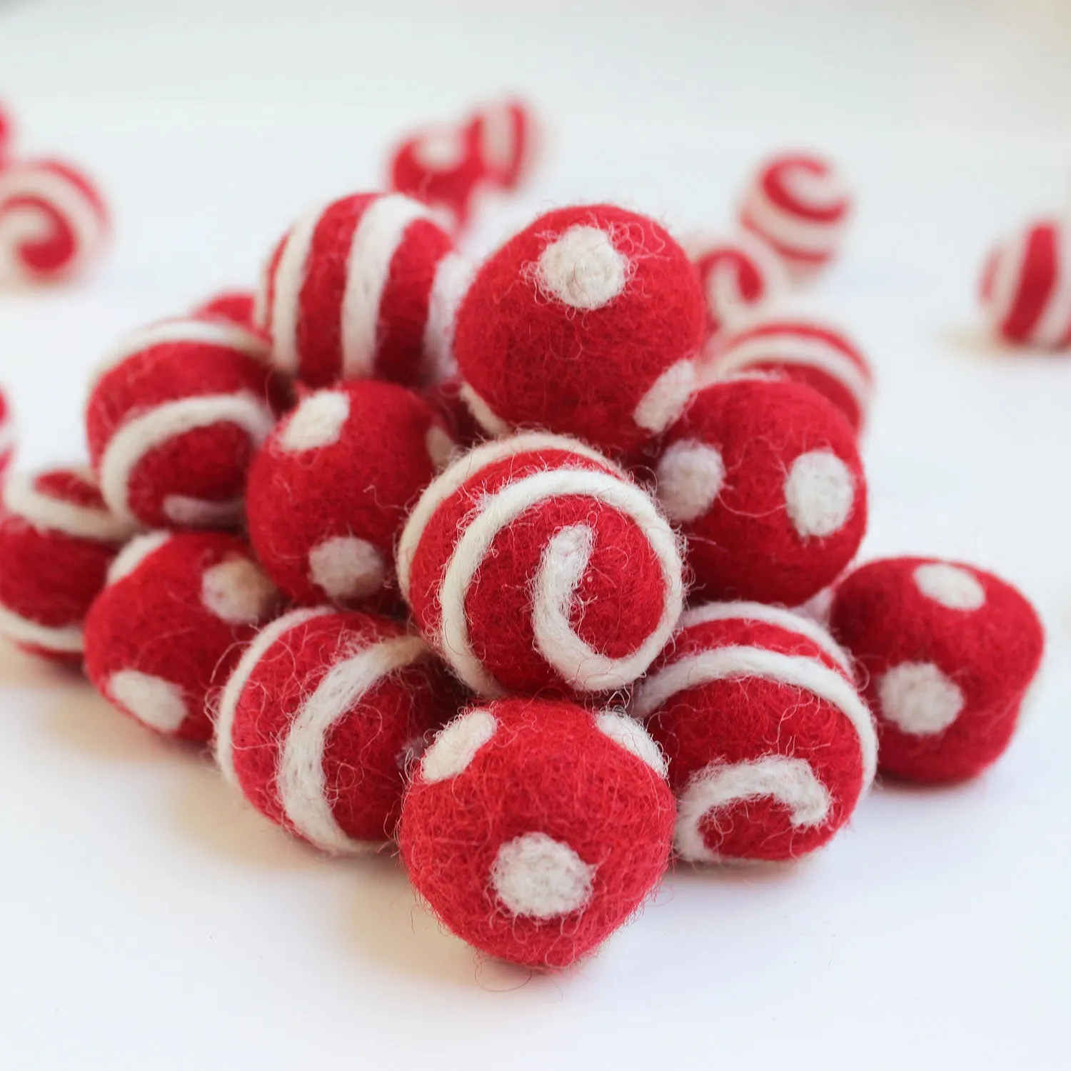 White On Red Polka Dot Swirl Felt Balls