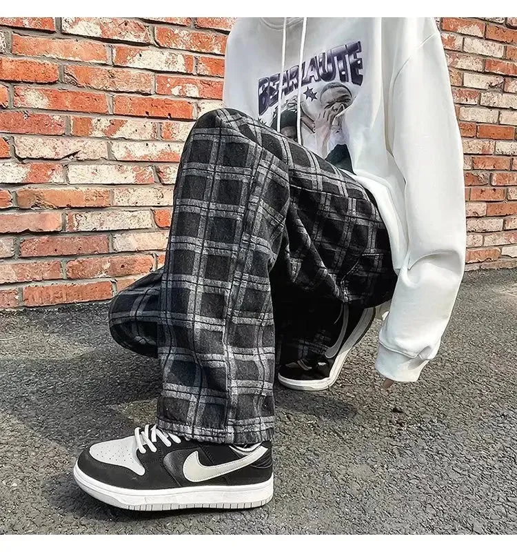 Wiaofellas  -  Men's Jeans Fall Men's Casual Pants Loose Straight Pants Fashion Plaid Casual Pants Mens Jeans  Patchwork Jeans