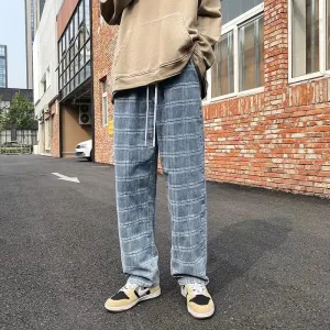 Wiaofellas  -  Men's Jeans Fall Men's Casual Pants Loose Straight Pants Fashion Plaid Casual Pants Mens Jeans  Patchwork Jeans