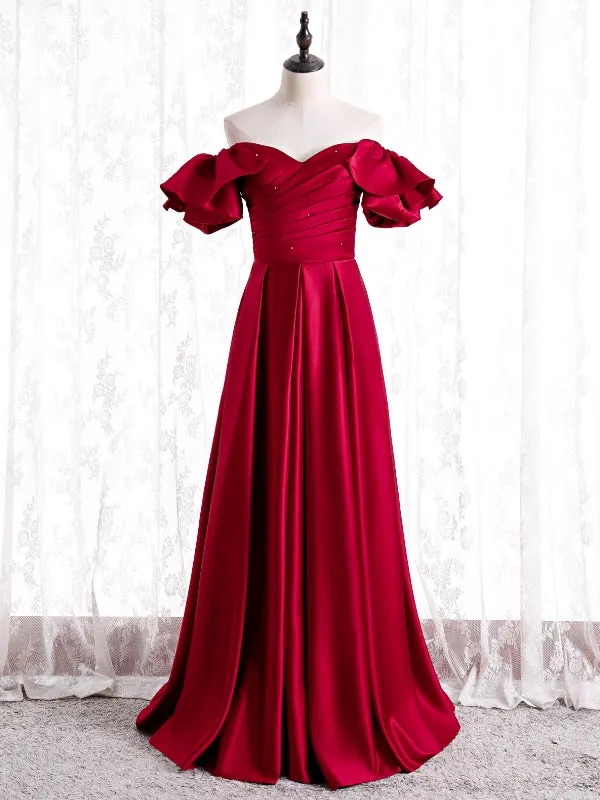 Winsome Burgundy Satin Off the Shoulder Pleats Prom Dress